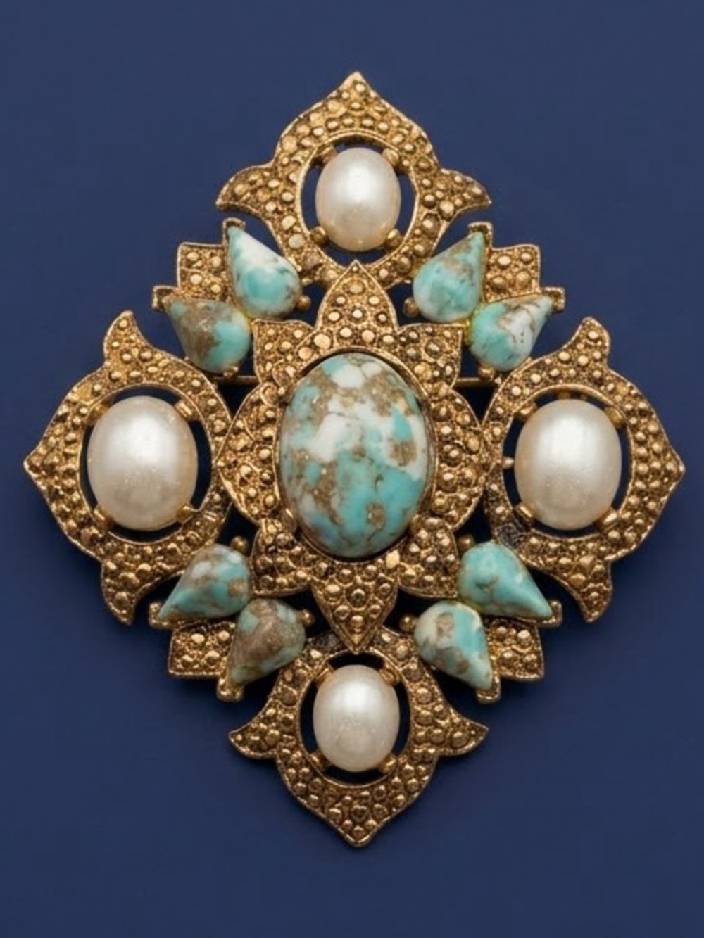 Sarah Coventry Gold Tone Brooch with Turquoise and Pearl Cabochons